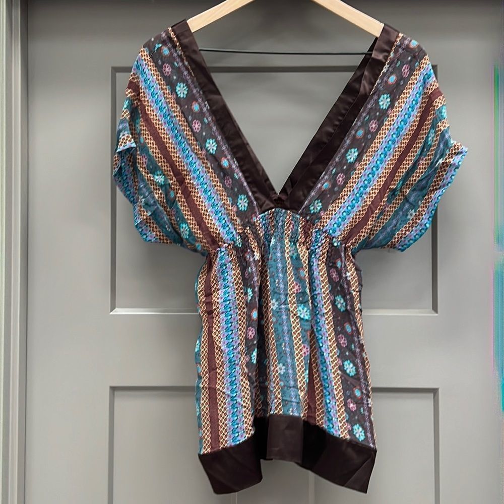 Sheer Blouse with Deep Front/back V-neck, brown multi, sz M